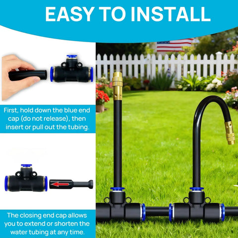 Instructions for installing 360 Degree Adjustable Drip Irrigation System with 50 Ft hose, highlighting connection steps.