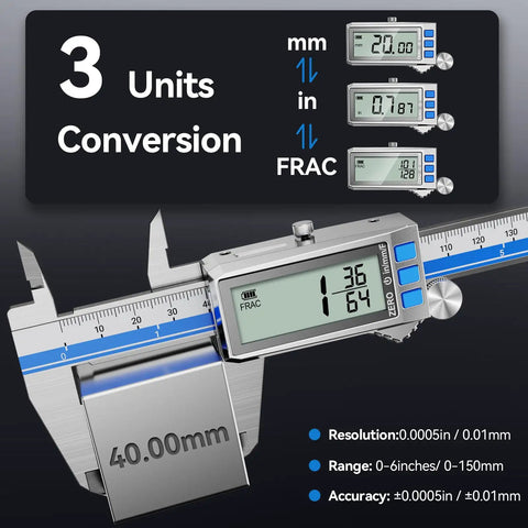 Type C Rechargeable 6 Inch Digital Caliper With Stainless Steel Vernier, IP54 Protection, large LCD with unit conversions shown