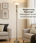 72 Inch Torchiere Floor Lamp With Brushed Nickel Finish And White Alabaster Glass Shade For Living Room Or Bedroom And Corner Lighting