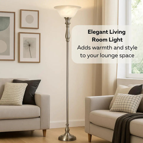 72 Inch Torchiere Floor Lamp With Brushed Nickel Finish And White Alabaster Glass Shade For Living Room Or Bedroom And Corner Lighting