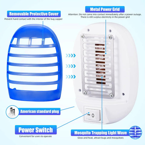 Plug In Indoor Bug Zapper With LED Light For Home Use, 360 Degree Mosquito And Fruit Fly Killer, Gnat And Moth Trap, Efficient Insect Zapper For Living Room, Bedroom, Kitchen, Baby Room, 4 Pack with removable protective cover and metal grid shown