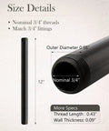 Diagram showing size details of 10 Pack Black Malleable Iron Pipe Nipples 3/4 Inch by 12 Inch Threaded Both Ends for DIY Steampunk Industrial Projects