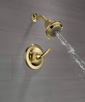 Classic Monitor 13 Series Shower Trim With Single Lever Handle, Brass Detailing, Ready For R10000-UNBX, water flow on gray tile
