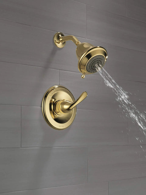Classic Monitor 13 Series Shower Trim With Single Lever Handle, Brass Detailing, Ready For R10000-UNBX, water flow on gray tile