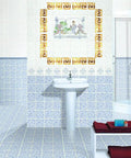 Bathroom with Greek key pattern tiles around sink and mirror, Gold 64 Piece DIY Mirror Wall Sticker Set Removable Adhesive Decals for Home Art Room Bedroom Decor Geometric Greek Key Pattern Reflective Wall Art For Modern Homes And Small Spaces.