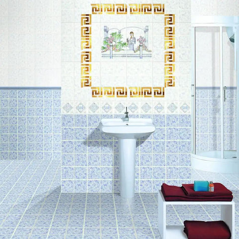 Bathroom with Greek key pattern tiles around sink and mirror, Gold 64 Piece DIY Mirror Wall Sticker Set Removable Adhesive Decals for Home Art Room Bedroom Decor Geometric Greek Key Pattern Reflective Wall Art For Modern Homes And Small Spaces.