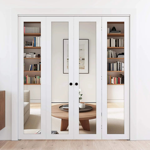 Mirror Bifold Closet Doors Set With Sliding Hardware Kit For 72 Inch Wide By 80 Inch High, Two 18 Inch Panels, White MDF Frame
