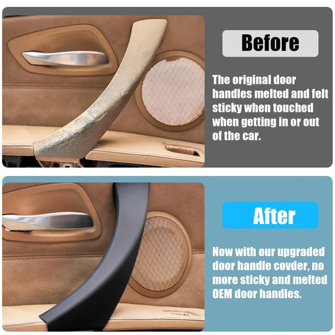 Before and after comparison of door handle cover set on BMW 3 Series E90 E91 E92 E93, showing installation and improved look.