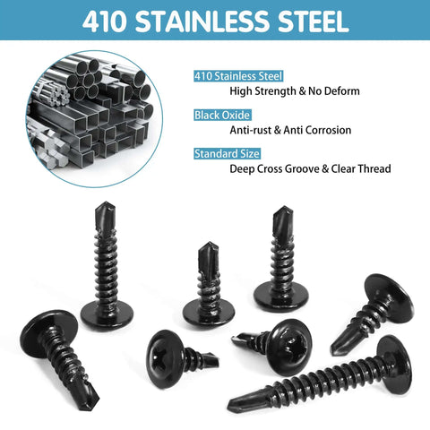 Stainless Steel Self Tapping Screws Kit With 380 Pieces Black Oxide TEK Screws For Metal in various sizes shown with 410 steel.
