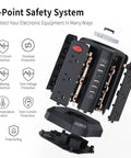 Diagram of a Heavy Duty Surge Protector Power Tower with 5 USB Ports and Night Light featuring 7-point safety system.