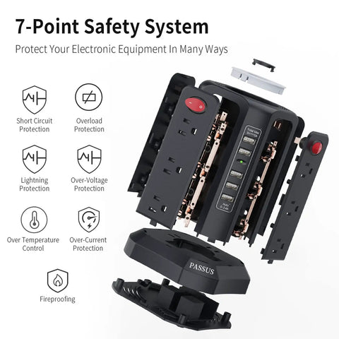 Diagram of a Heavy Duty Surge Protector Power Tower with 5 USB Ports and Night Light featuring 7-point safety system.