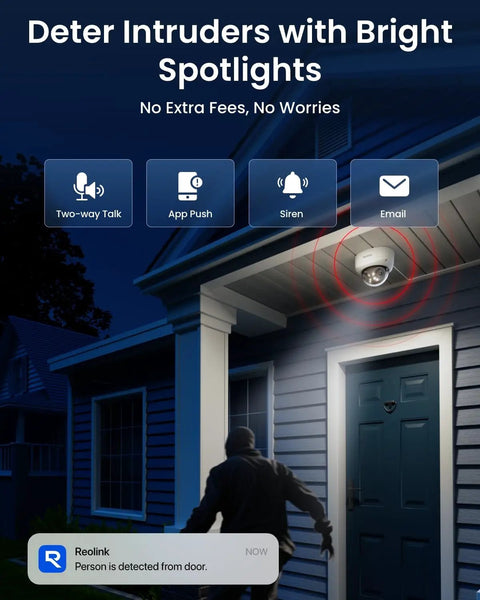 Dope 16MP Dual Lens PoE Security Camera With 180 Degree Panoramic View installed outside a house with spotlight on a person
