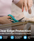 Bonk Free Household Furniture Edge Guard For Baby Proofing And 16 Foot Pre Taped Clear Corner Protectors being cut for easy application.