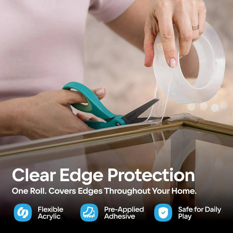 Bonk Free Household Furniture Edge Guard For Baby Proofing And 16 Foot Pre Taped Clear Corner Protectors being cut for easy application.