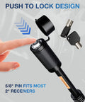 Close-up of Anti Rattle Hitch Tightener And 2 Inch Receiver Lock Set showing push-to-lock design with thumb pressing the lock.