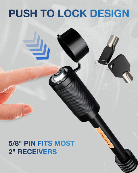 Close-up of Anti Rattle Hitch Tightener And 2 Inch Receiver Lock Set showing push-to-lock design with thumb pressing the lock.
