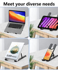 Go-To Adjustable Laptop Stand Desk Ergonomic Riser Elevates From 2.78 To 6.5 Inches holding various devices on a desk