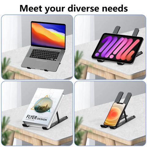 Go-To Adjustable Laptop Stand Desk Ergonomic Riser Elevates From 2.78 To 6.5 Inches holding various devices on a desk