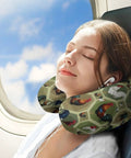 Woman using U Shaped Neck Pillow For Travel And Office Use, Lightweight Reusable Multi Functional Go-To Pillow For Airplanes Trains Cars And Naps, Soft Durable Polyester For Cozy All Day Neck Support with colorful print on airplane