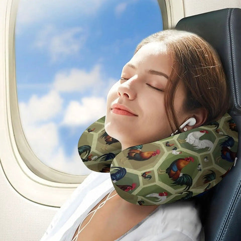 Woman using U Shaped Neck Pillow For Travel And Office Use, Lightweight Reusable Multi Functional Go-To Pillow For Airplanes Trains Cars And Naps, Soft Durable Polyester For Cozy All Day Neck Support with colorful print on airplane