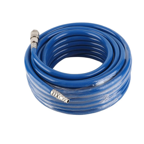 Rock Solid Heavy Duty 15 Meter Reinforce PVC Air Hose With Euro Quick Connect Coupler coiled and ready for use with compressors.