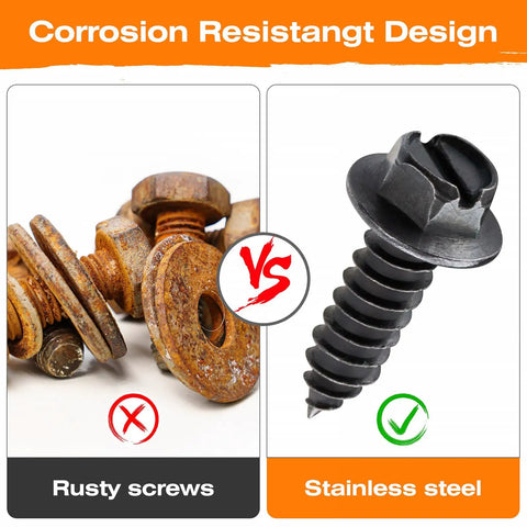 Heavy Duty License Plate Screws With Black Nylon Retaining Nuts 4 Pack For Cars Trucks SUVs Vans RVs And Motorcycles Fits Most Rigs And Rides Durable Stainless Steel Hardware showing corrosion resistance compared to rusty screws.