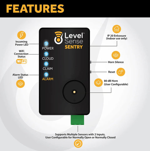 WiFi Connected Sump Pump Alarm With Float Switch, Real Time Water Level Alerts, black device interface features