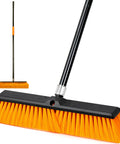 Heavy Duty Workhorse 18 Inch Push Broom With Extended Handle And Tough Six Row Bristles For Killing Dust And Trash On Concrete Patios Driveways Porches Yards with orange bristles.