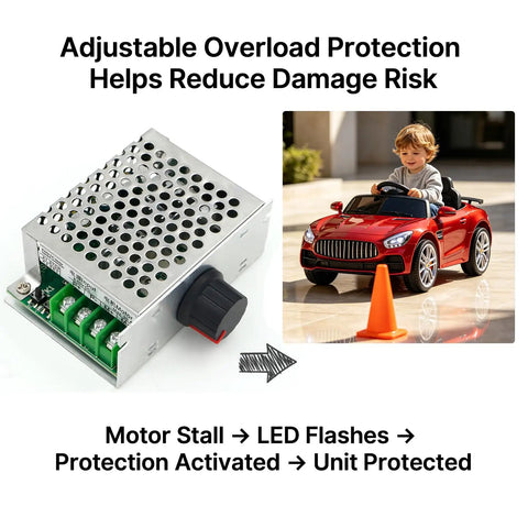 DC Motor Speed Controller 8-50V 30A With Adjustable Overcurrent And Delay Protection For Kids Electric Ride On Brushed Motors Safe Stall Protection Smooth Throttle Control No Fuss Install