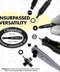 All Purpose Screwdriver Set With 24 Interchangeable Bits And Mini Ratchet Tool, showing bits with USA Made label and versatility text.