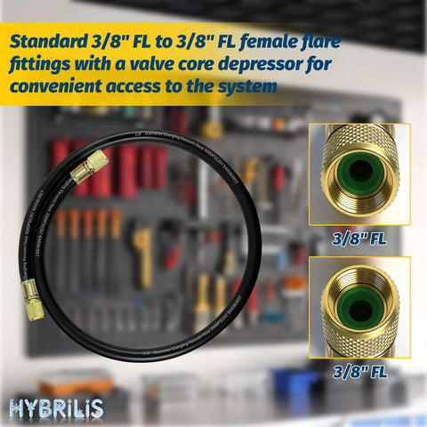 Heavy Duty 3 Ft Charging Vacuum Hose With 3/8 In Fittings displayed with focus on metal connectors