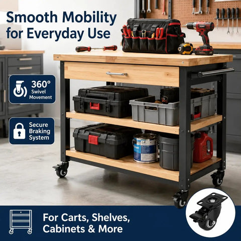 Four Piece Black Swivel Caster Wheel Set Rolls Slick And Tackles Heavy Gear With Zero Sweat Featuring Plate Mount Brackets And Two Foot Brake Locks Paired With Two Free Spinning Units For Any Shop Project