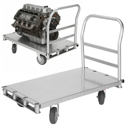 Heavy Duty Platform Truck With Three Side Handles Built Like A Tank For 2500 Lbs All Steel Multipurpose Moving Dolly carrying an engine.