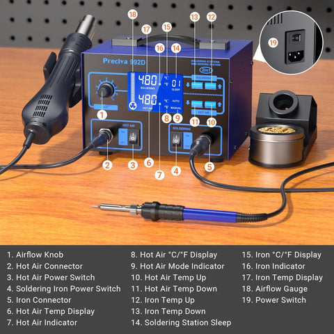 2-In-1 Soldering And Hot Air Rework Station With Large LCD Display PID Temperature Control on workbench setup