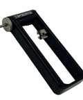 Adjustable sheet metal hole cutter tool in black metal frame with knurled adjustment knob, front view