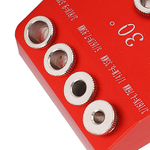 Close-up of Pro Grade 30 Degree 45 Degree 90 Degree Drill Guide For Woodworking With Steel Drill Sleeves Aluminum Alloy Hole Jig