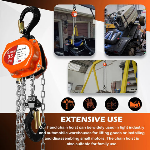 YATOINTO 0.5-ton manual chain hoist, orange steel housing with hand chain and hook assembly