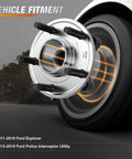 Front Or Rear Wheel Bearing And Hub Assembly For Ford Explorer 2011-2018 And Police Interceptor Utility 2013-2018, 5-Lug, 4-Hole Flange, Pre-Greased, No Speed Sensor, 512460, 2 Pack displayed on a car wheel in motion.
