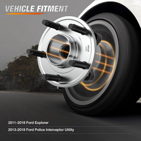 Front Or Rear Wheel Bearing And Hub Assembly For Ford Explorer 2011-2018 And Police Interceptor Utility 2013-2018, 5-Lug, 4-Hole Flange, Pre-Greased, No Speed Sensor, 512460, 2 Pack displayed on a car wheel in motion.
