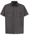 Straight Up Built Tough Mens Charcoal Utility Work Shirt Featuring Seven Button Front Soil Release Cotton Blend Bartacked Pencil Slot Ready For The Daily Grind, front view with two flap pockets.