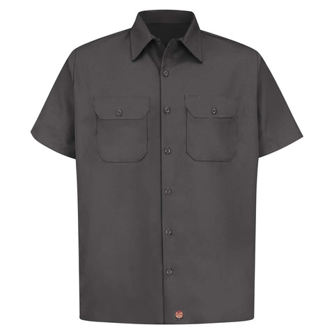 Straight Up Built Tough Mens Charcoal Utility Work Shirt Featuring Seven Button Front Soil Release Cotton Blend Bartacked Pencil Slot Ready For The Daily Grind, front view with two flap pockets.