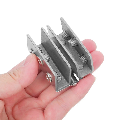 Heavy Duty Stainless Steel Glass Cabinet Door Hinges With Clamp For Multipurpose Use In Bathroom And Kitchen The Go To Display Cabinets And Shower Glass Doors Hardware That Is Built To Last And Work Like a Beast., hand holding stainless steel clamp hinge close-up