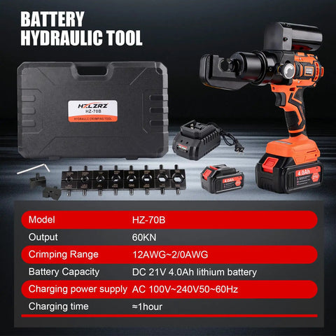 Heavy Duty Electric Battery Lug Crimping Tool With Rechargeable Brushless Motor And Solid 12 Ton Hydraulic Force Paired With Nine Precision Dies.