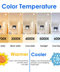 Infographic showing color temperature chart from 2700K soft white to 6000K cool daylight, including 12 Pack BR30 Dimmable LED Flood Light Bulbs