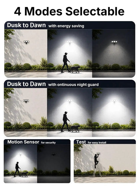 Motion Sensor Flood Lights for Outdoor, 270° Hardwired Security Light,2Pack modes shown: dusk to dawn, motion sensor, and test for installation.