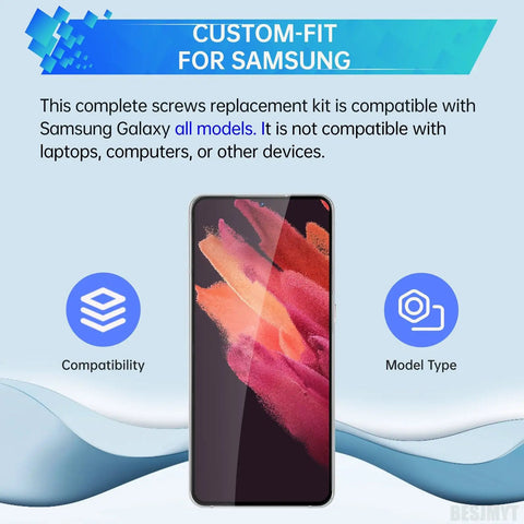Full Complete Black Screw Replacement Kit For Samsung Galaxy Cellphones And Smartphones Hardware Repair Set displayed with Samsung compatibility.