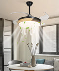 Ceiling Fan with Light 42 Inch Modern Round Chandelier Wireless Control, black and wood finish, installed in contemporary living room.
