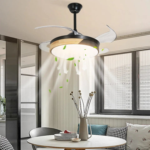 Ceiling Fan with Light 42 Inch Modern Round Chandelier Wireless Control, black and wood finish, installed in contemporary living room.