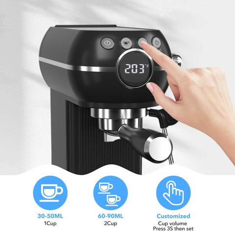 Compact Espresso Machine With 20 Bar Pressure And Built In Milk Frother, Features A Smart Digital Panel With Dead Simple One Touch Controls, Fast Heat Up Home Coffee Maker showing digital panel and one touch control.