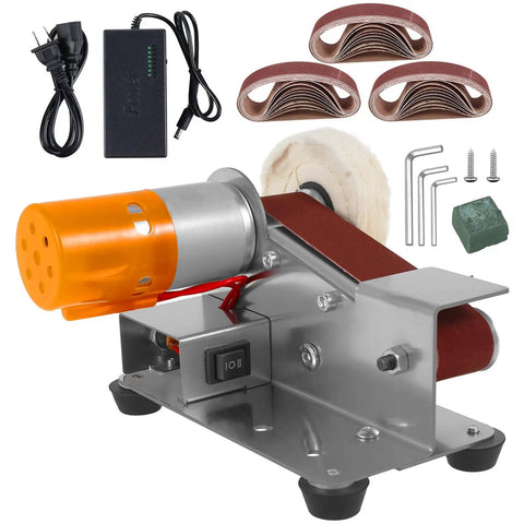 Heavy Duty Mini Sander With Angled Belt And 7 Speed Adjustments, Bad Ass Knife Sharpener Attachment For Metalwork And Jewelry Polish, Smooth Running Electric Grinder loaded with sanding belts and accessories.